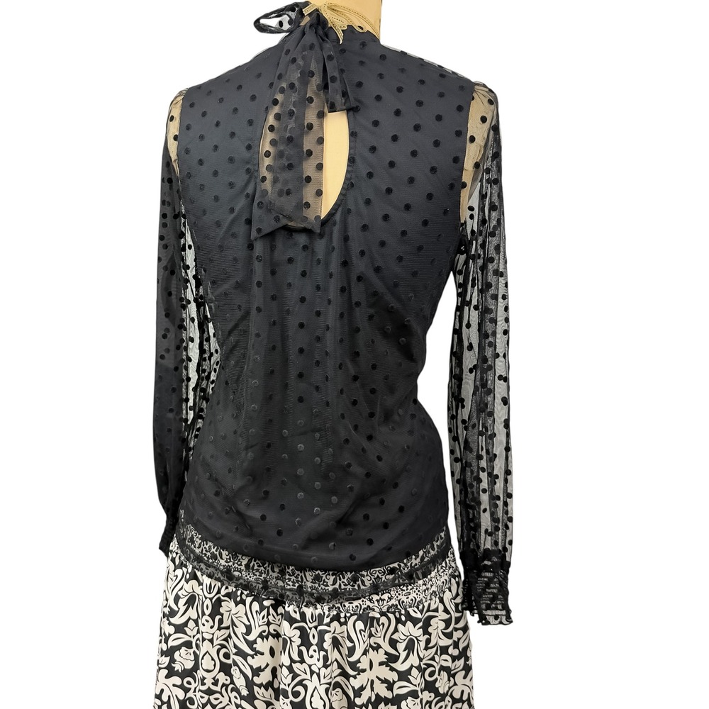 Gothic Sheer Mesh Polka Dot Blouse Mock Neck Bow Back‎ Victorian Lace Trim S - Picture 7 of 9